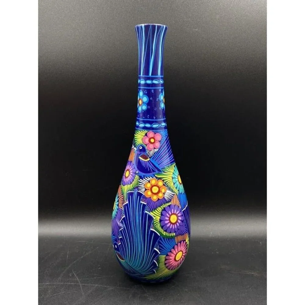 Talavera Bright Colors Birds by Rufina Trujillo Tall Vase 12.25” Tall
